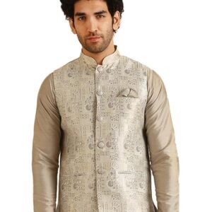 kisah men's nehru jacket, burgundy jacquard, woven design regular fit mandarin collar sleeveless